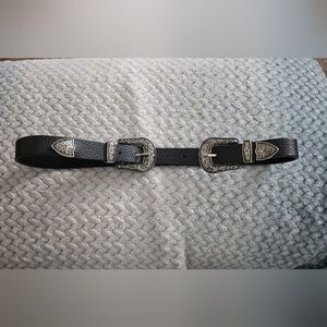 B-Low the Belt Black Leather Belt with Intricate Silver Buckles Size Small